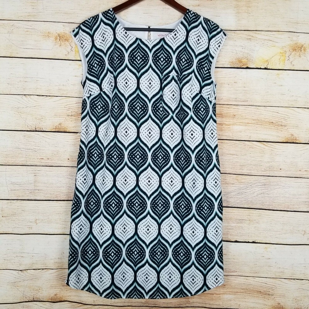 Merona Womens Dress Size M Sleeveless Keyhole Back Black‎ White Teal Career Work